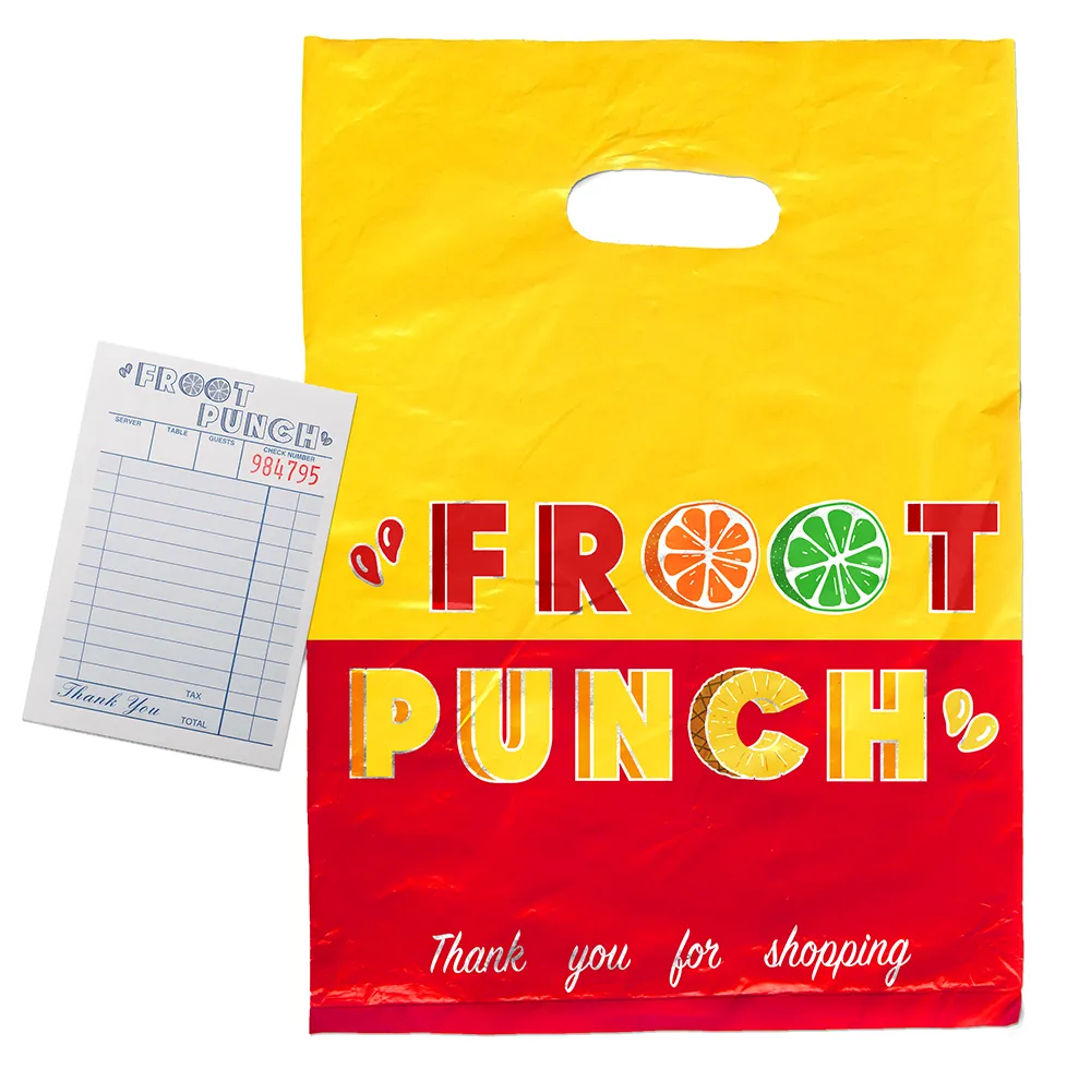 Mockups of a shiny bag with a colorful “Froot Punch” logo in bright red and yellow, and a diner-style receipt.