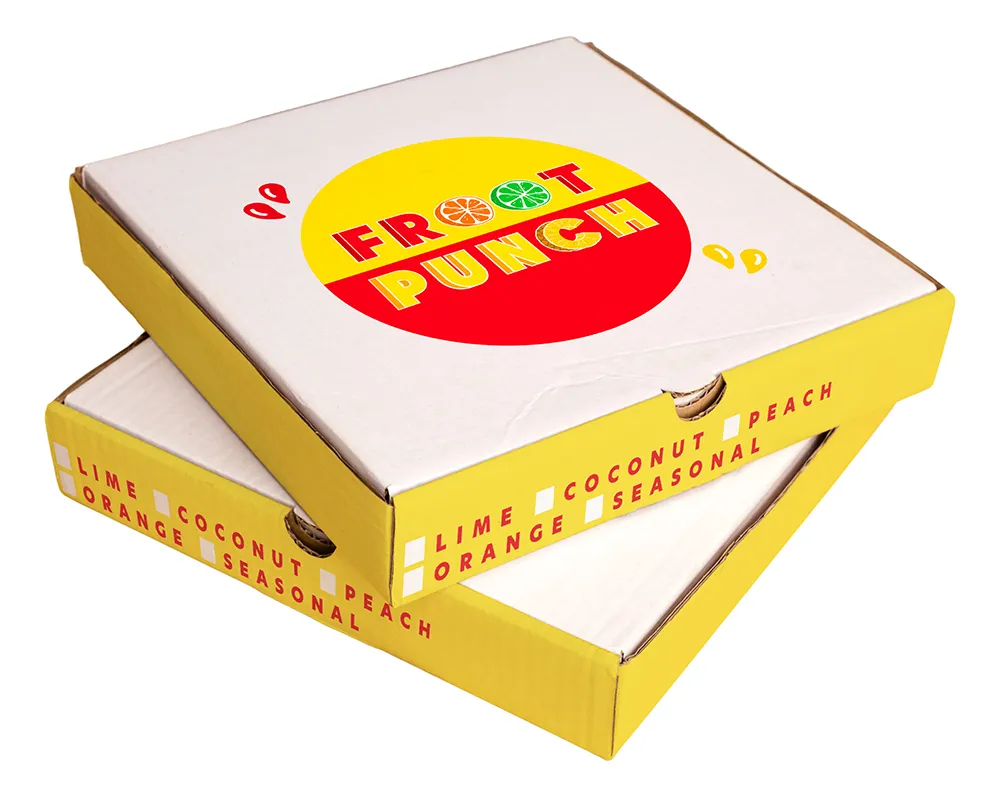 A mockup of two pizza-style takeout boxes with the “Froot Punch” logo and checkboxes on the side for Lime, Coconut, Peach, Orange, Seasonal