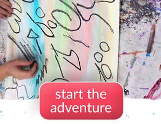 An overhead photo of kids painting on a messy table with a button reading “Start the adventure.”