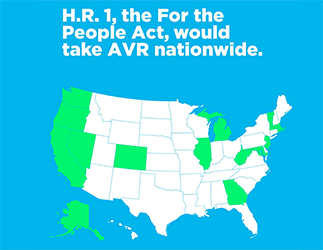 Still image from the video with a map of states with Automatic Voter Registration