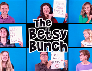 Eight people in blue squares in the style of the Brady Bunch intro sequence