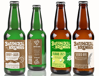 Three beer labels from Botanikal mocked up on bottles: Dandy-Lager, Florale 2023, and Seeded Rye