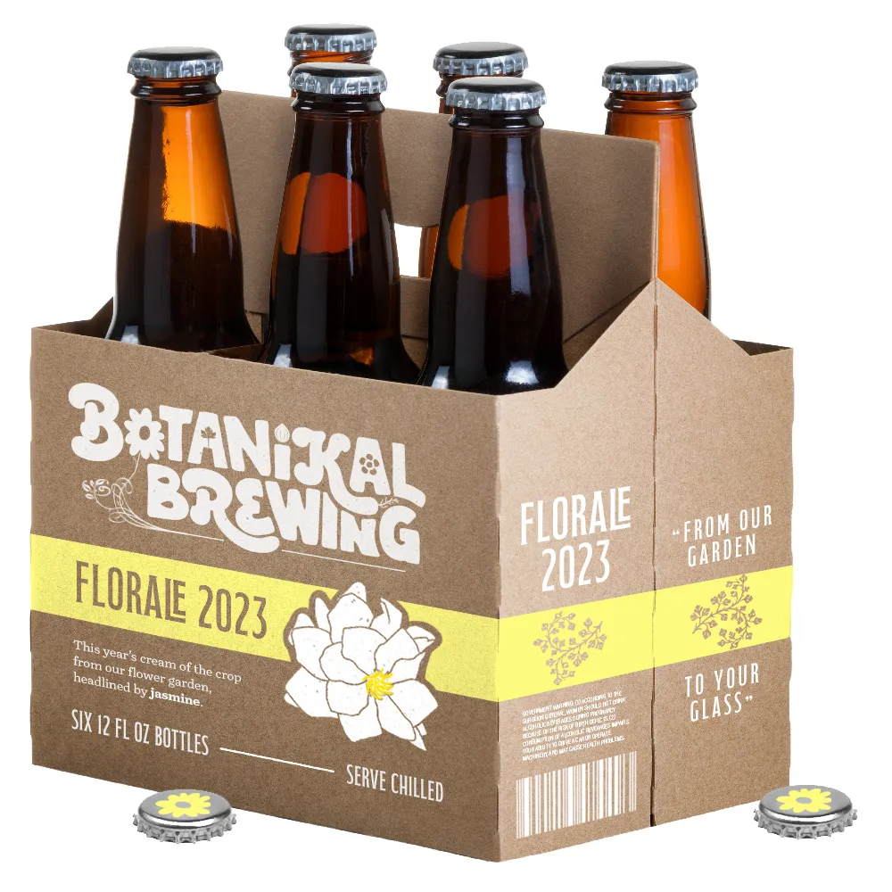 Mockup of a six-pack of beer, named “Florale 2023” with a jasmine flower illustration.