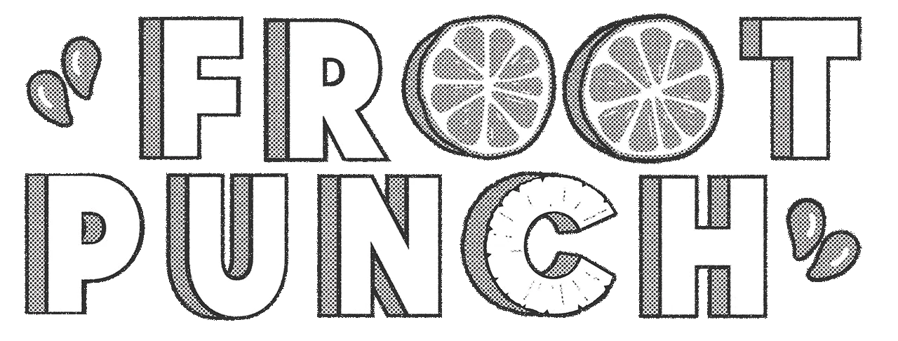 Logo for Froot Punch in blocky letters with fruit shapes