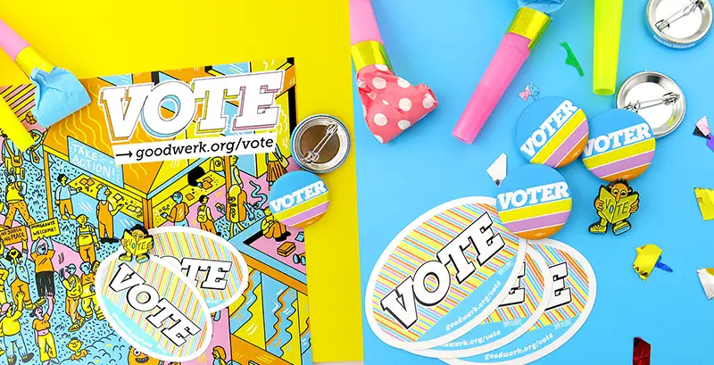 Brightly colored Voter buttons, Vote stickers, and Vote enamel pins with confetti.