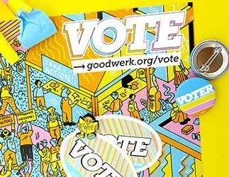 Brightly colored Voter buttons, Vote stickers, and enamel Vote pins with confetti