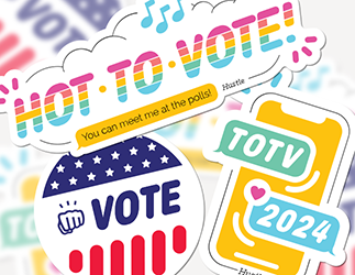 A pile of colorful stickers: “Hot to Vote,” “TOTV 2024” and “Vote”