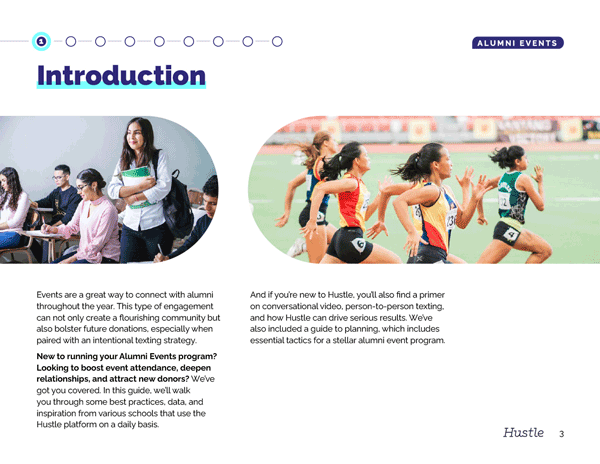 The first four pages of the user guide, about texting for events at colleges and universities.