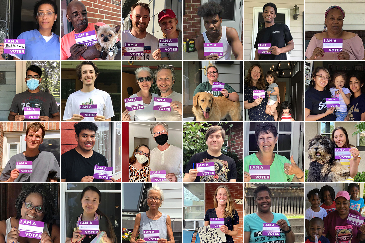 Photos of 20 people holding cards reading “I Am A [Blank] Voter” where they've written in words like First Time, Hopeful, Democratic, Health Care, and more.