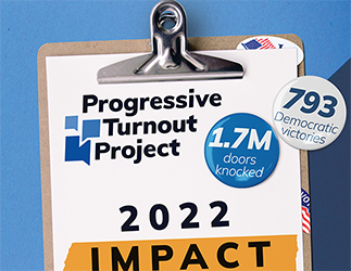 A mocked-up clipboard spotlighting key metrics from the cover of the impact report