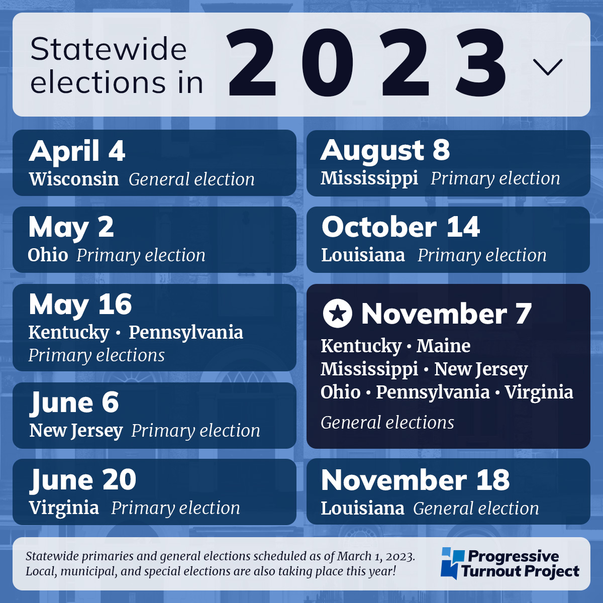 A calendar showing major statewide elections in 2023