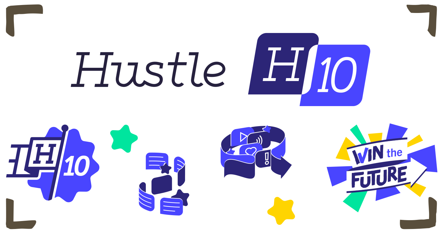 “H10” and “Win the Future” logos, plus two illustrations featuring flowing ribbon shapes and themed around communication