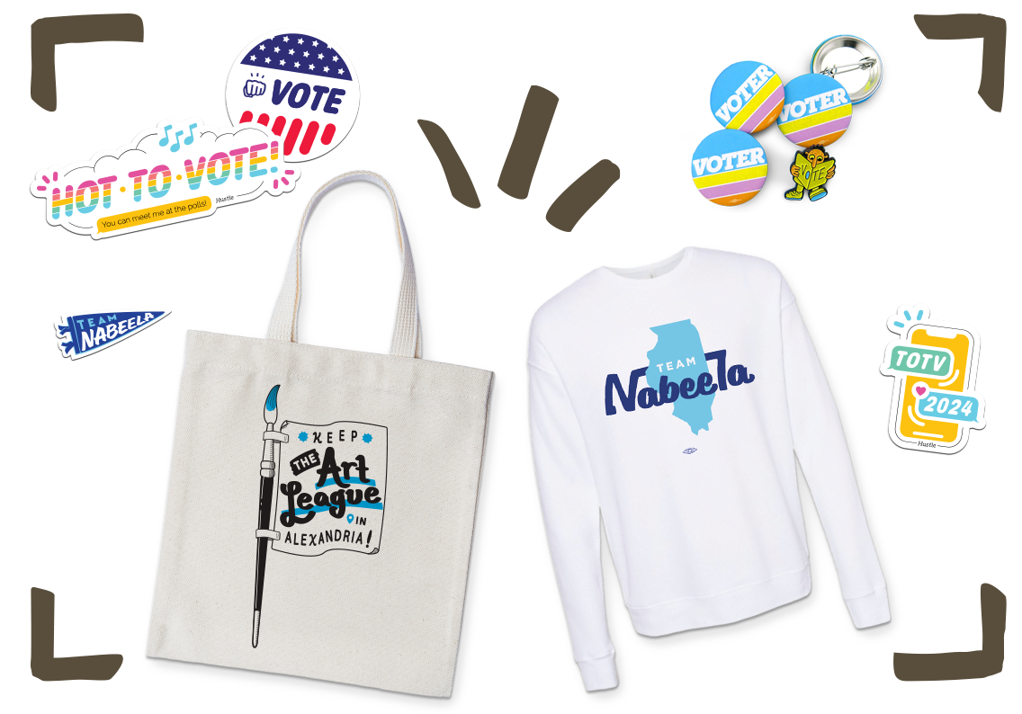 A “Keep the Art League in Alexandria” tote, a “Team Nabeela” sweatshirt, and GOTV stickers, buttons, and pins