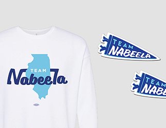 A sweatshirt and sticker with Team Nabeela designs