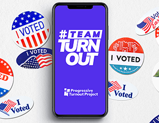 A phone with the Team Turnout logo and “I voted” stickers.