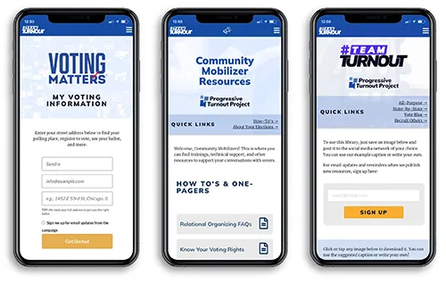 Mockups of three mobile pages from Team Turnout: My Voting Information, Community Mobilizer Resources, and the resource library.