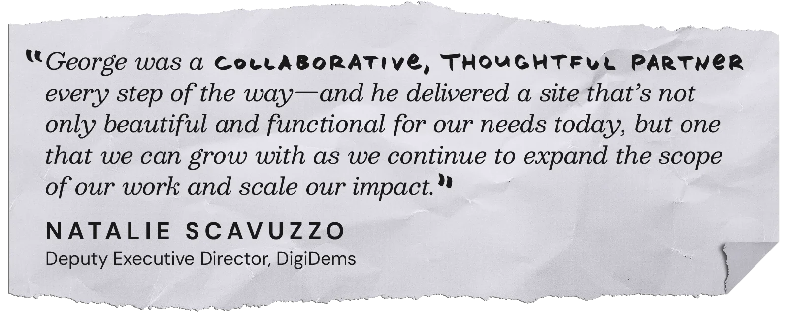 George was a collaborative, thoughtful partner every step of the way — and he delivered a site that's not only beautiful and functional for our needs today, but one that we can grow with as we continue to expand the scope of our work and scale our impact. — Natalie Scavuzzo, Deputy Executive Director, DigiDems