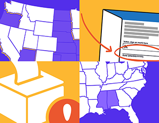 Details from infographics depicting ballots and a U.S. map