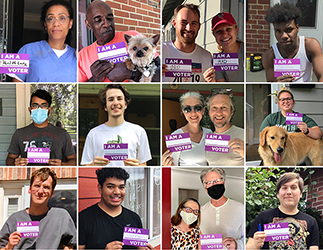 A grid of 20 voters holding up purple cards reading “I am a (blank) voter.