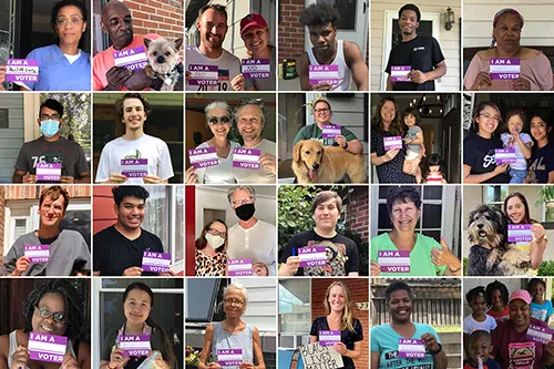 Photos of 20 people holding cards reading “I Am A [Blank] Voter” where they've written in words like First Time, Hopeful, Democratic, Health Care, and more.