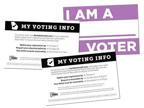 Mockups show the front of one I Am a Voter card and the backs of cards for Georgia and Arizona, with details like voter registration deadline and the mail ballot request deadline.