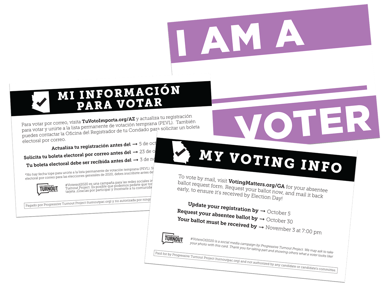 Mockups show the front of one I Am a Voter card and the backs of cards for Georgia and Arizona, with details like voter registration deadline and the mail ballot request deadline.